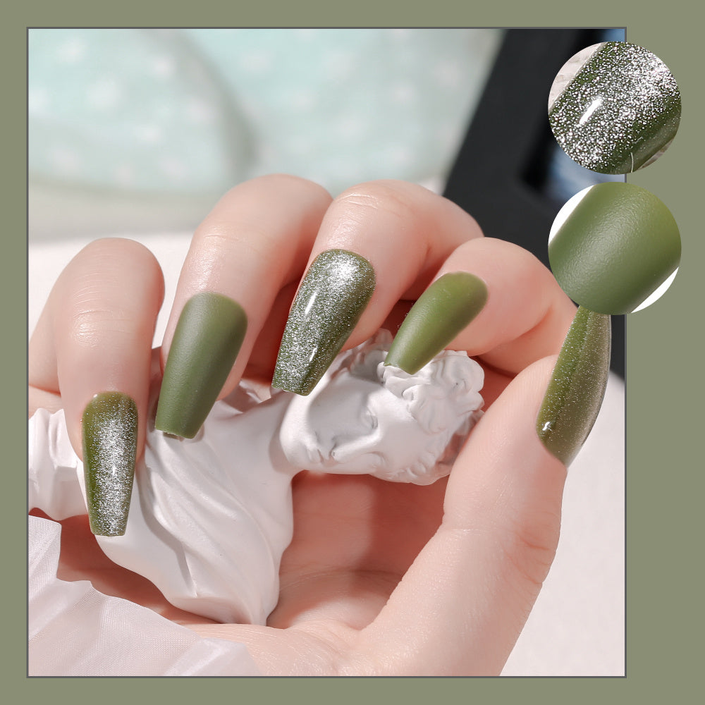 Green Nail Hand Wearing Art Press On Nails