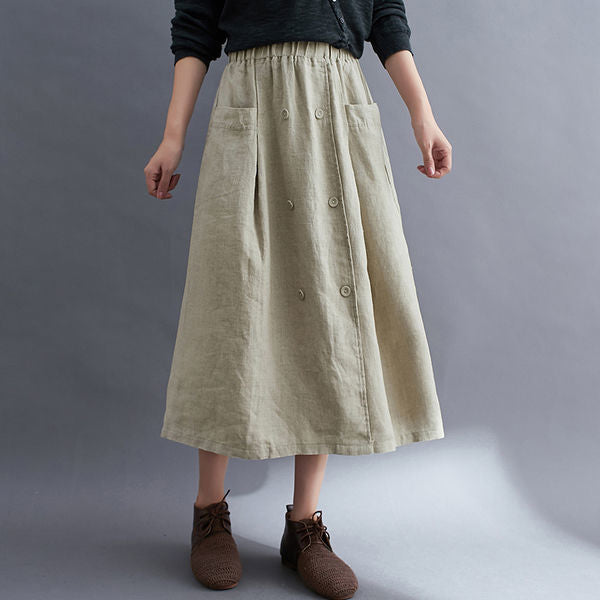 Loose And Casual Double-breasted Cotton And Linen Skirt