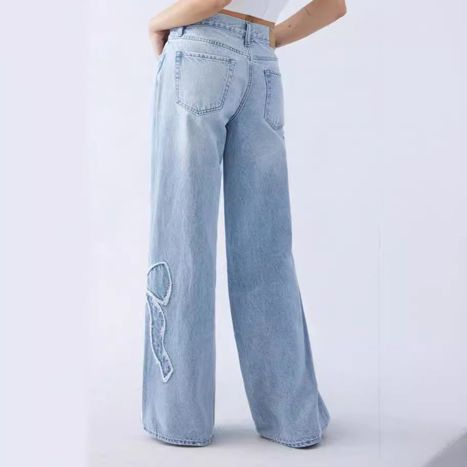 Embroidered Side Frayed Butterfly Jeans Street Design Hot Girl Baggy Straight Trousers