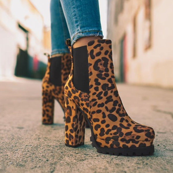 Round-toe Ankle Boots Solid Leopard Print Thick Square High Heel Shoes Ladies Casual Autumn Winter Suede Dress Party Boots
