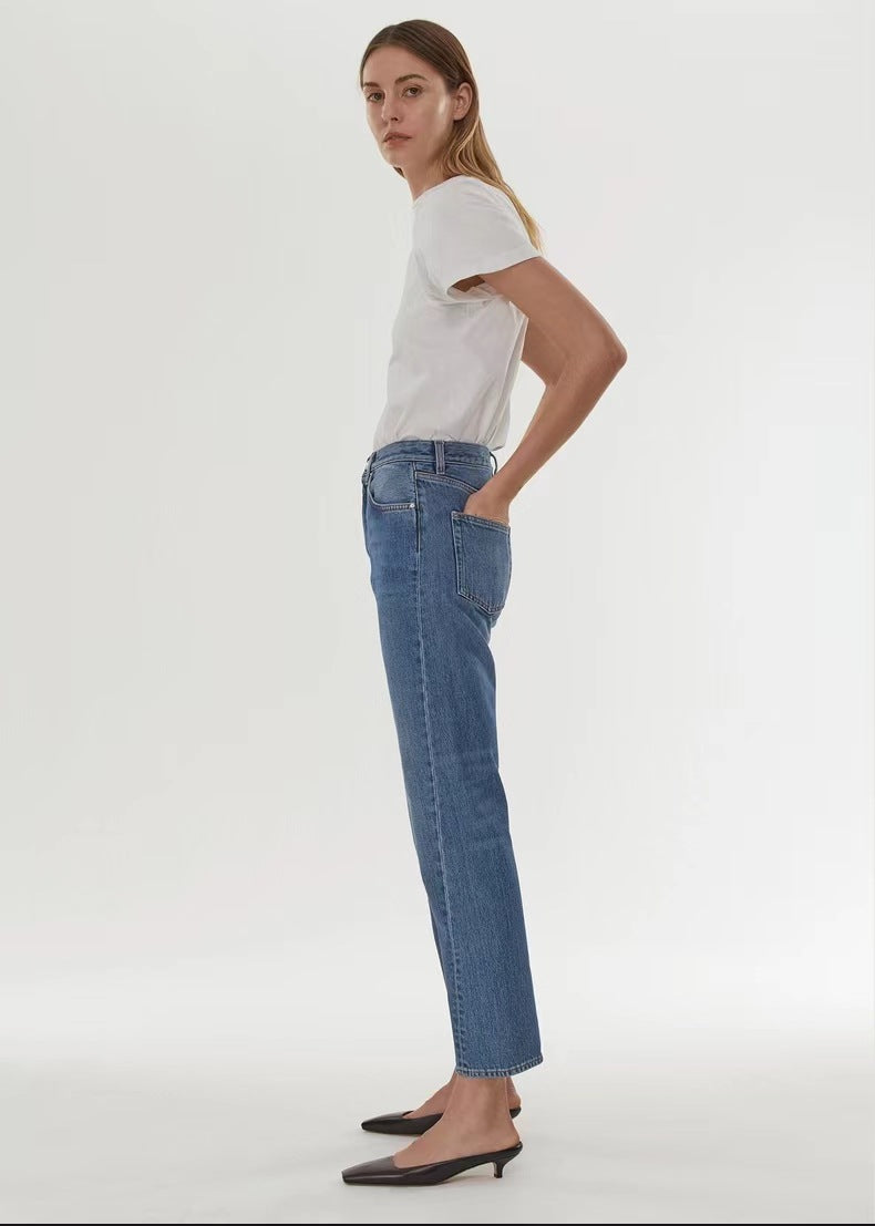 High Waist Stretch Twisted Straight Cropped Jeans