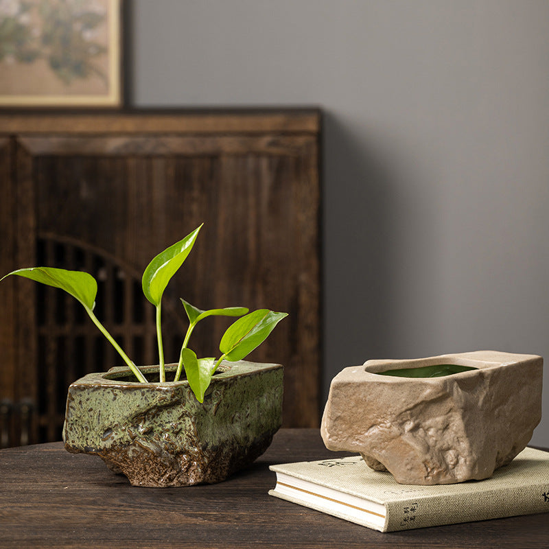 Simple Copper Coin Grass Stone Ceramic Flower Pot