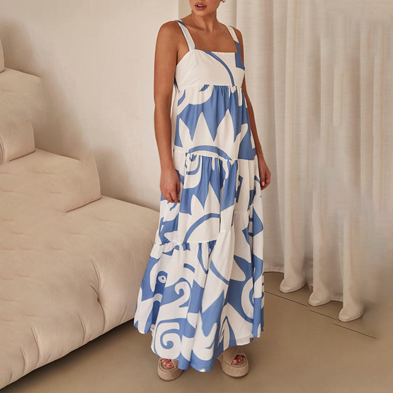 Blue Abstract Print Women's Spaghetti Straps Sleeveless Mid Waist Dress