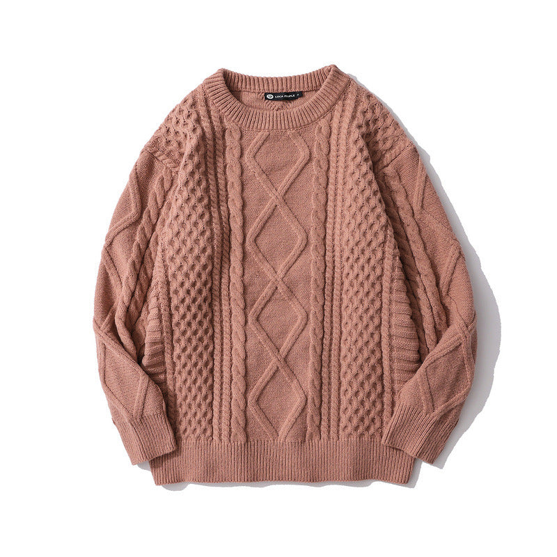Retro Rhombus Twist Round Neck Sweater Loose And Idle All-matching Sweater