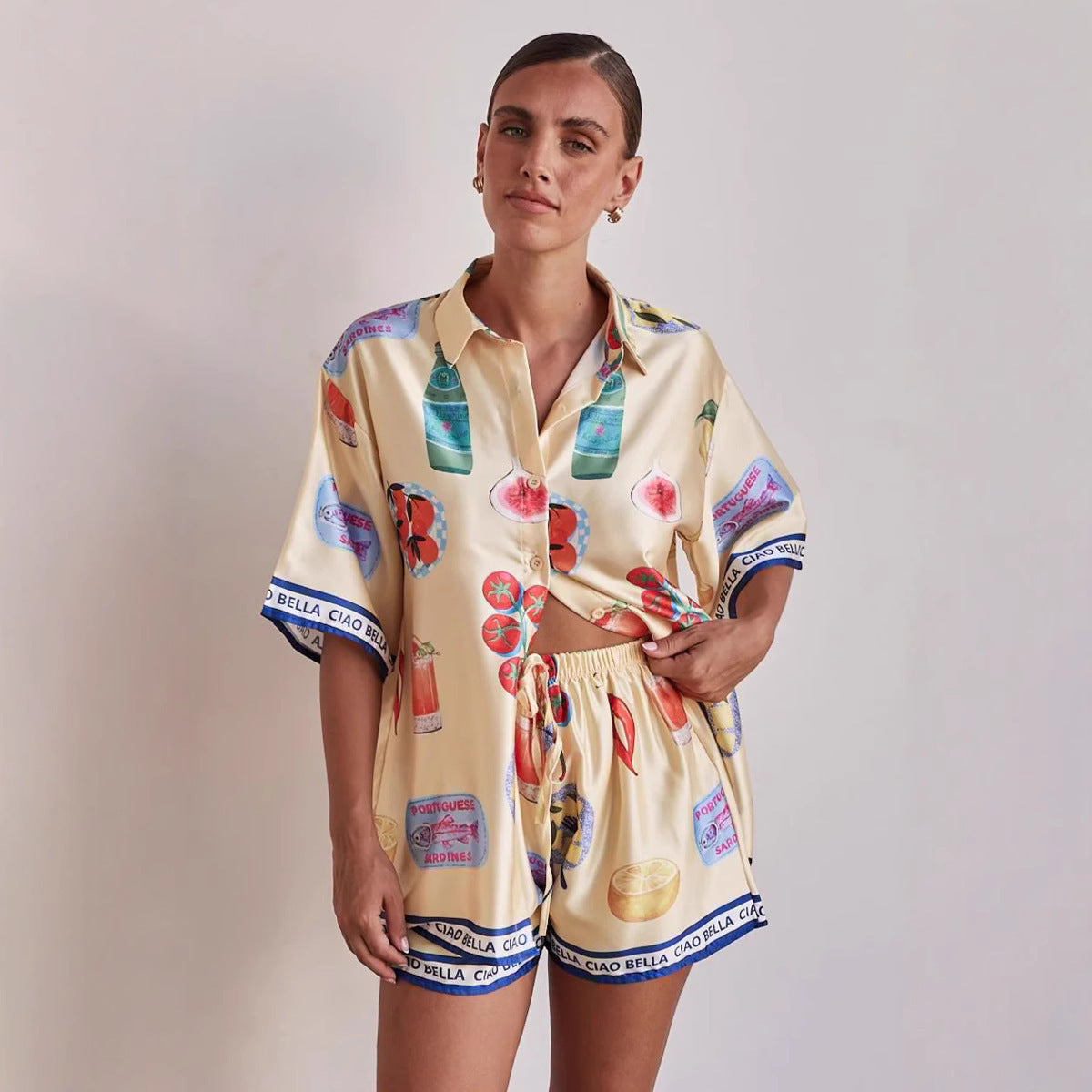 Casual Cartoon Lapel Cardigan Short Sleeve Shorts Set