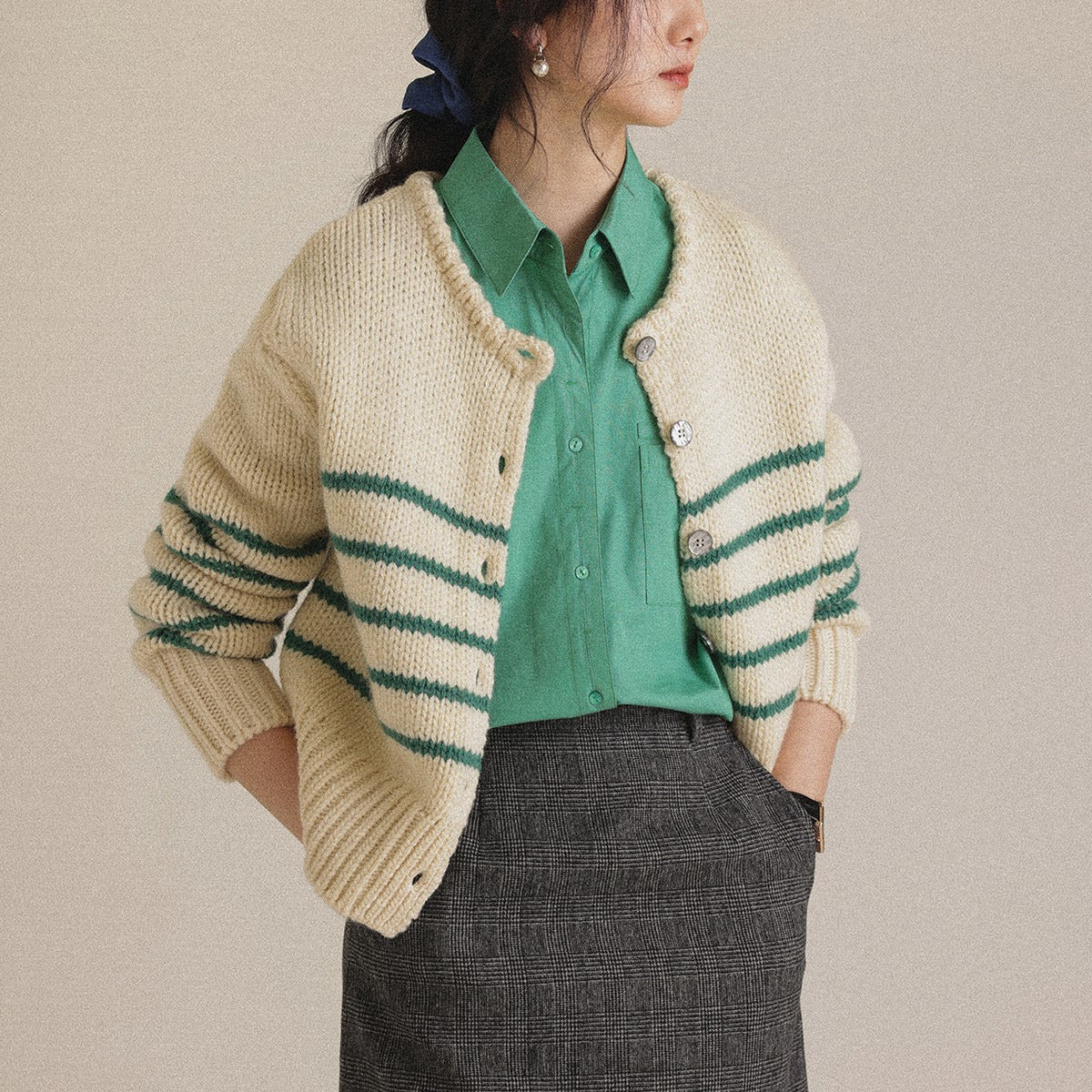 Striped Knitted Cardigan Sweater Short Coat