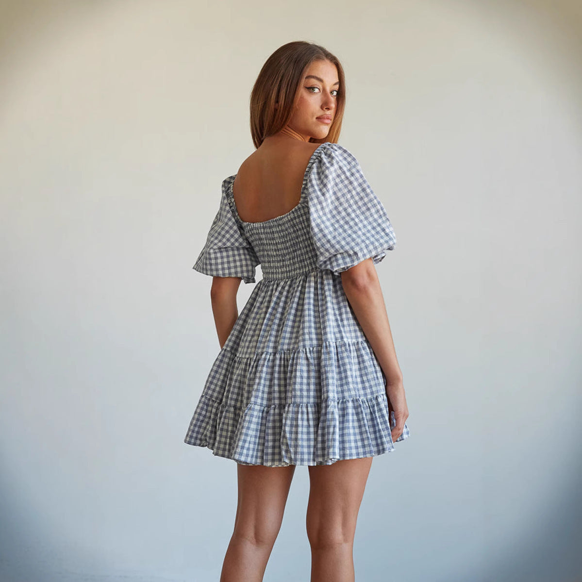 Square Collar Short Sleeve Plaid Gingham High Waist Dress