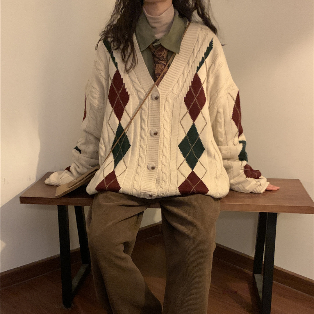 Loose Fitting American Vintage Plaid Cardigan Sweater Jacket