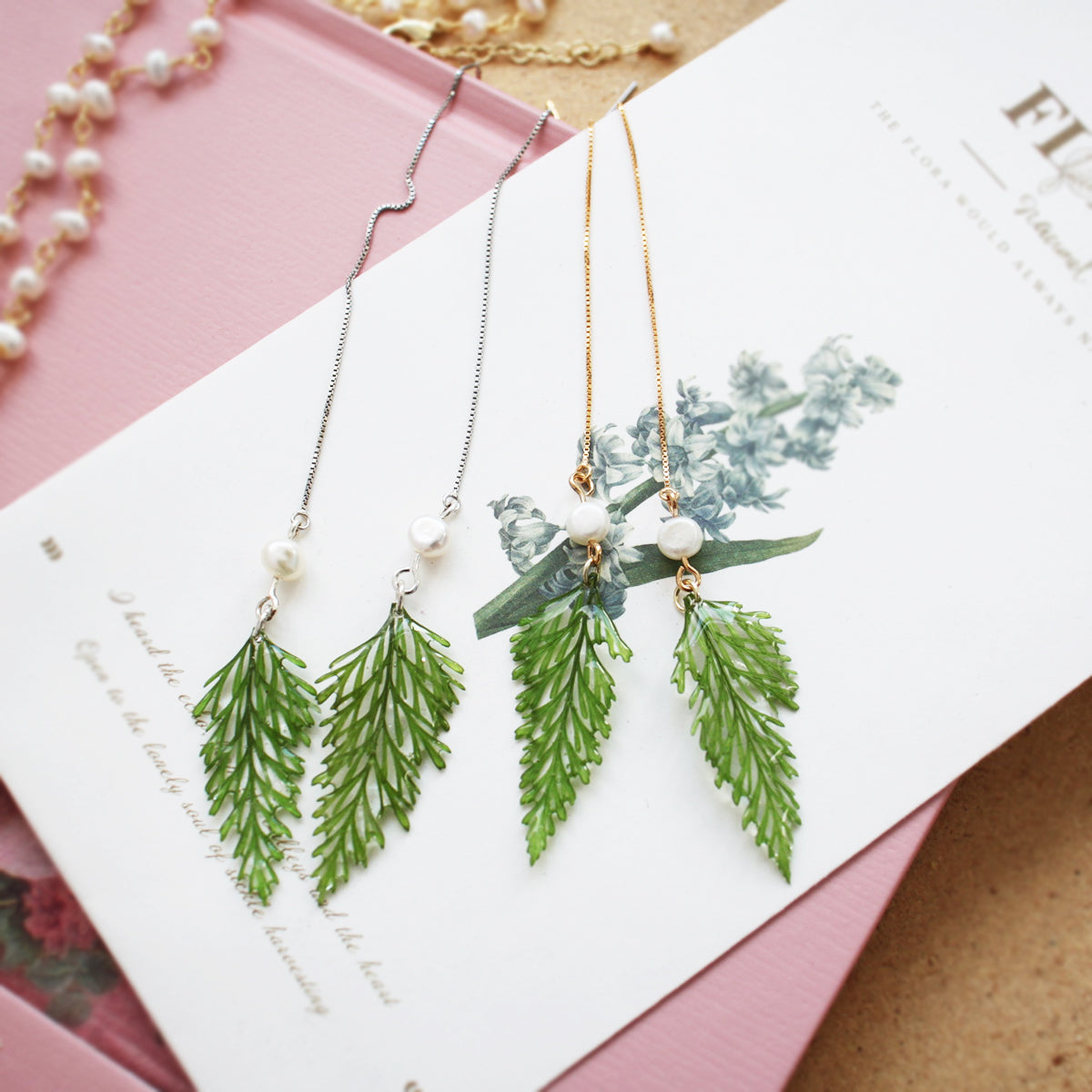 French Court Pearl Fern Leaves Hanging Earrings