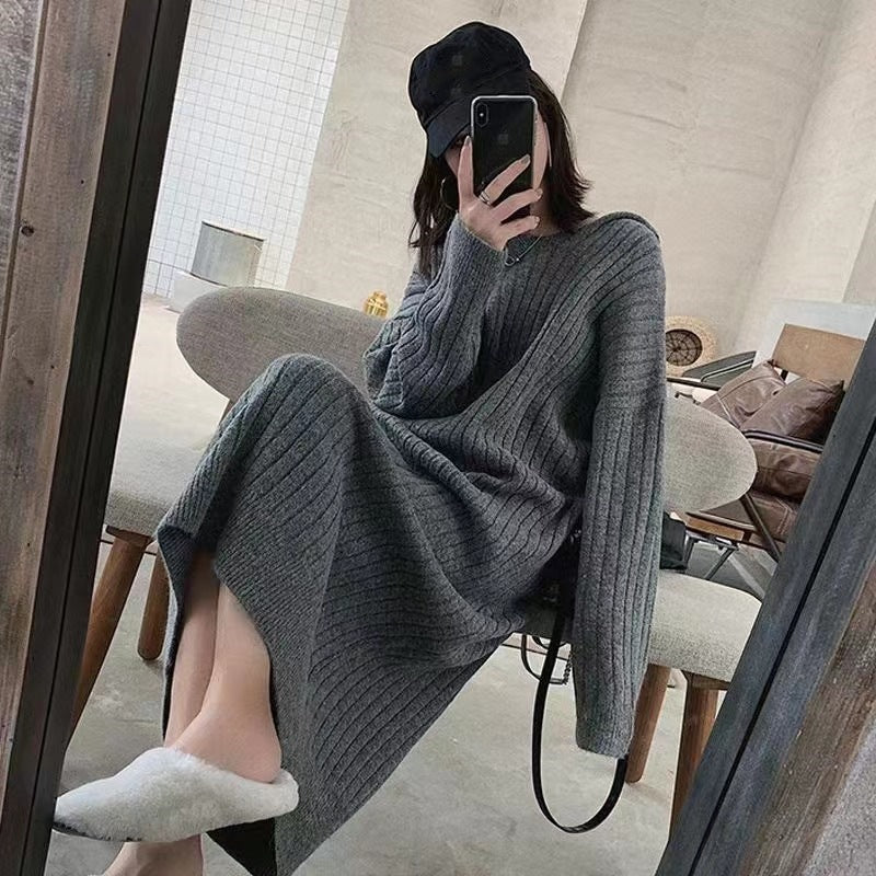 Korean Idle Style Knitted Long Dress Mid-length Casual Sweater