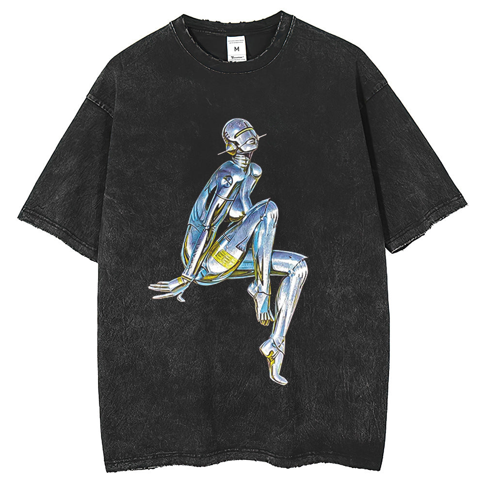 Robot Printed T-shirt American Washed Old Short Sleeve