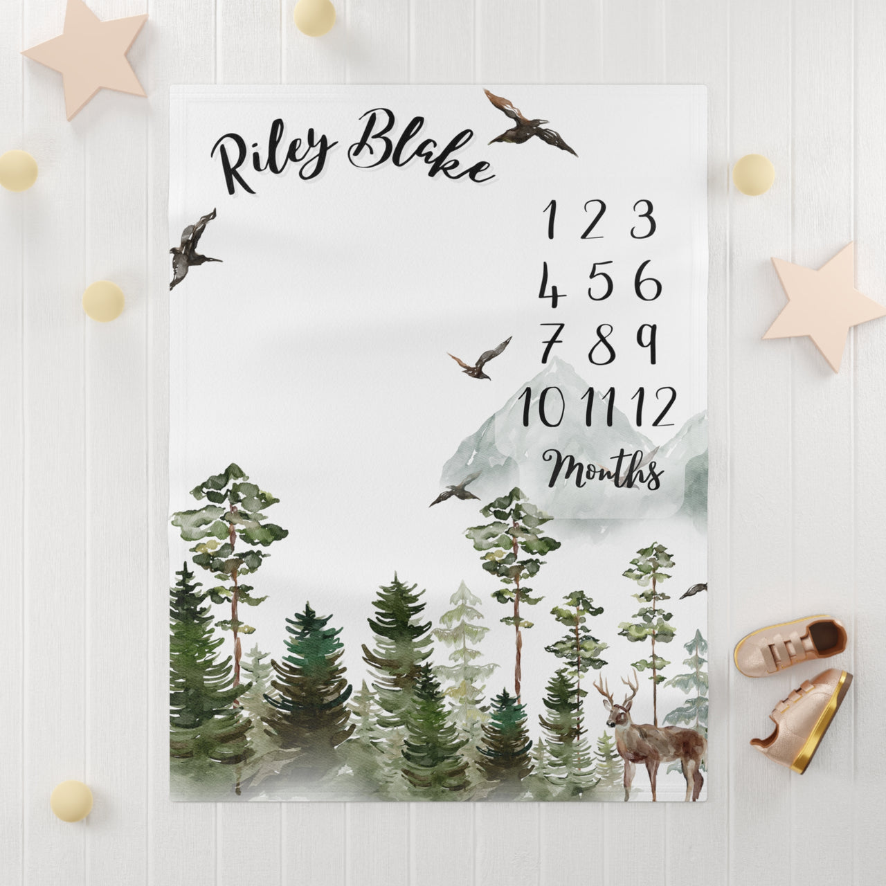 Woodland Forest Soft Fleece Milestone Blanket, Monthly Growth Tracker, Personalized Baby Blanket, Baby Shower Gift