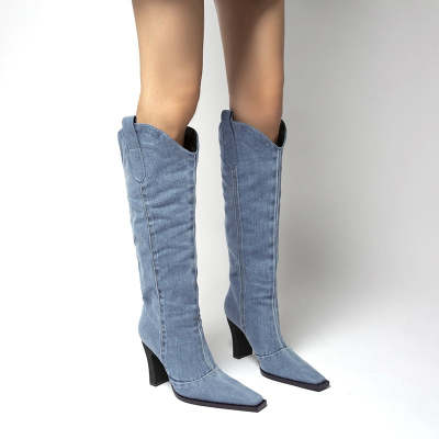 Chunky Western Cowboy Pointed Toe Below The Knee Knight Boots