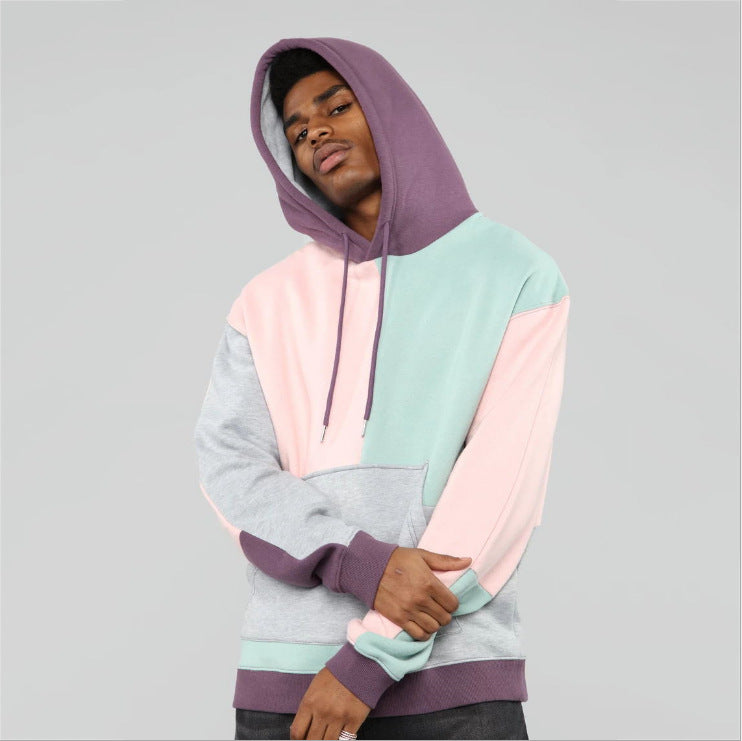 Multi Color Patchwork Loose Hooded Sweater Men's Hip Hop Coat