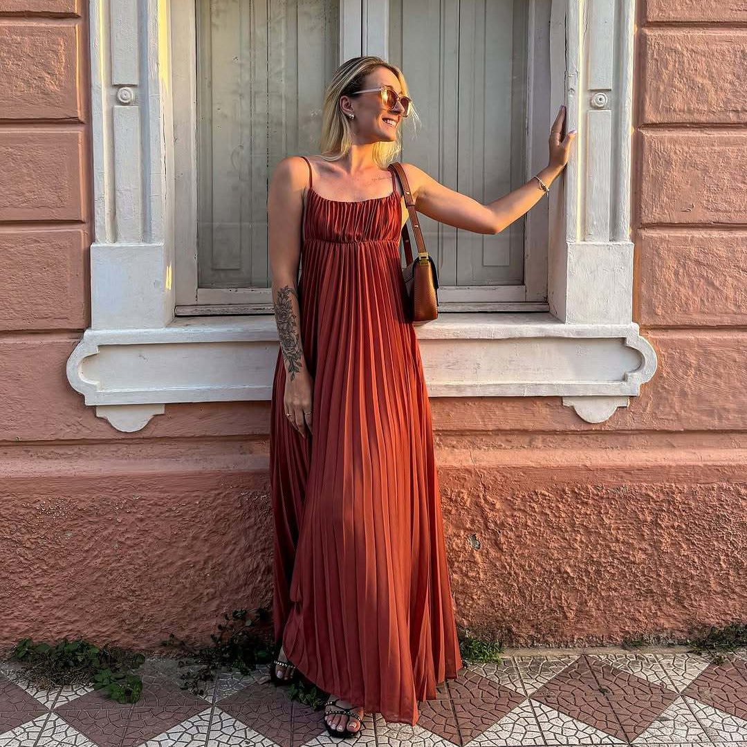 Vacation Backless Spaghetti Straps Pleated Dress