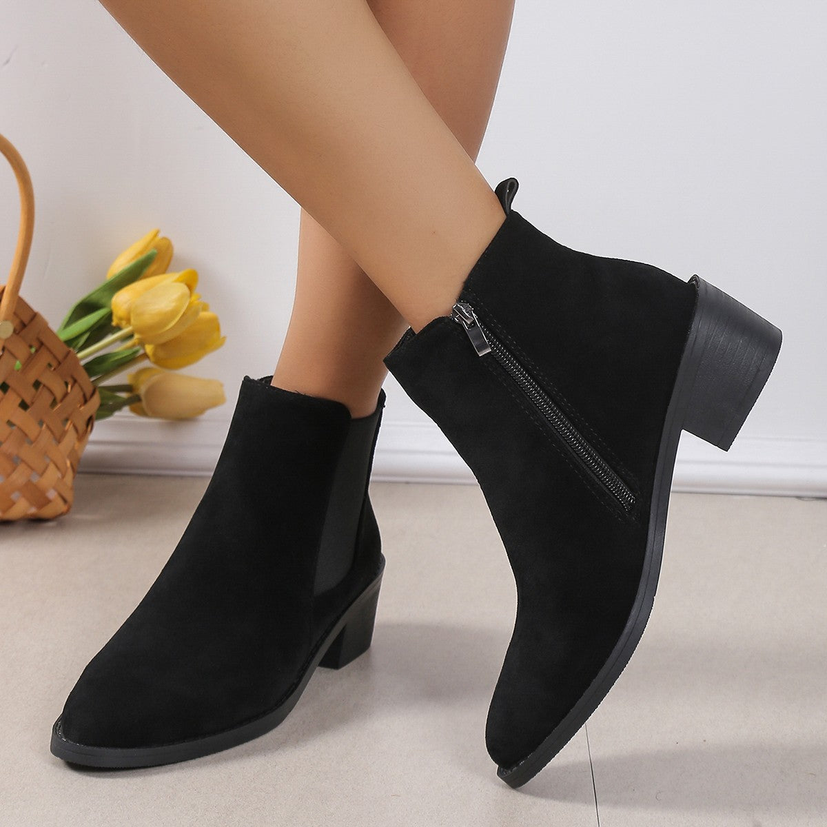 Women's Fashion Ankle Boots With Side Zipper Chunky Heel Boots