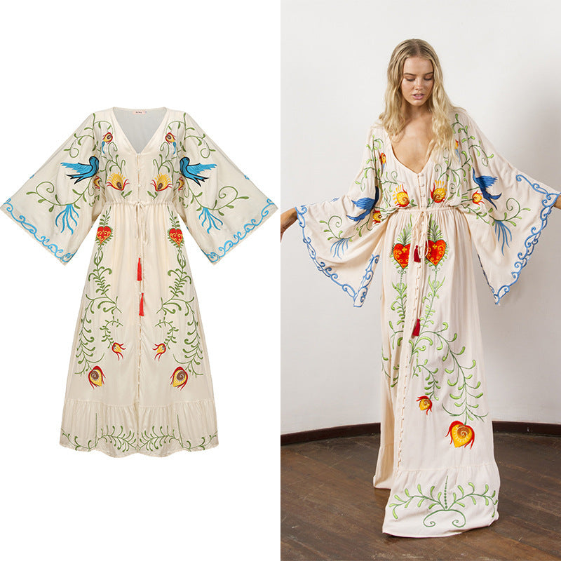 Bohemian Flower Embroidered Hollow Tassel Decorative Vintage Maxi Dress