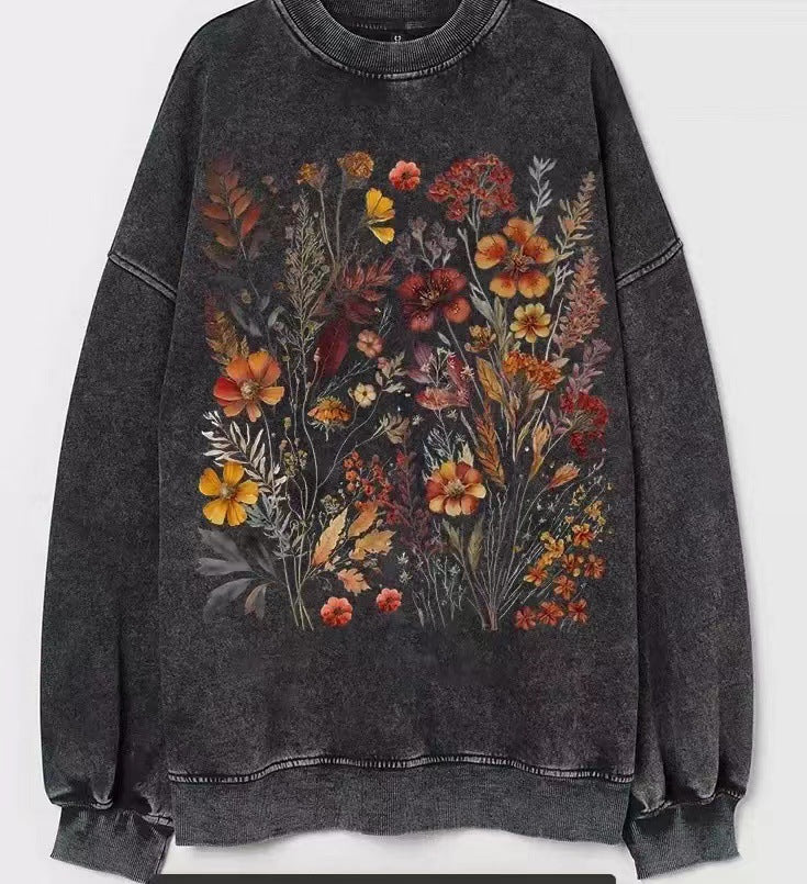 Botanical Washed Old Printed American Retro Washed Sweater