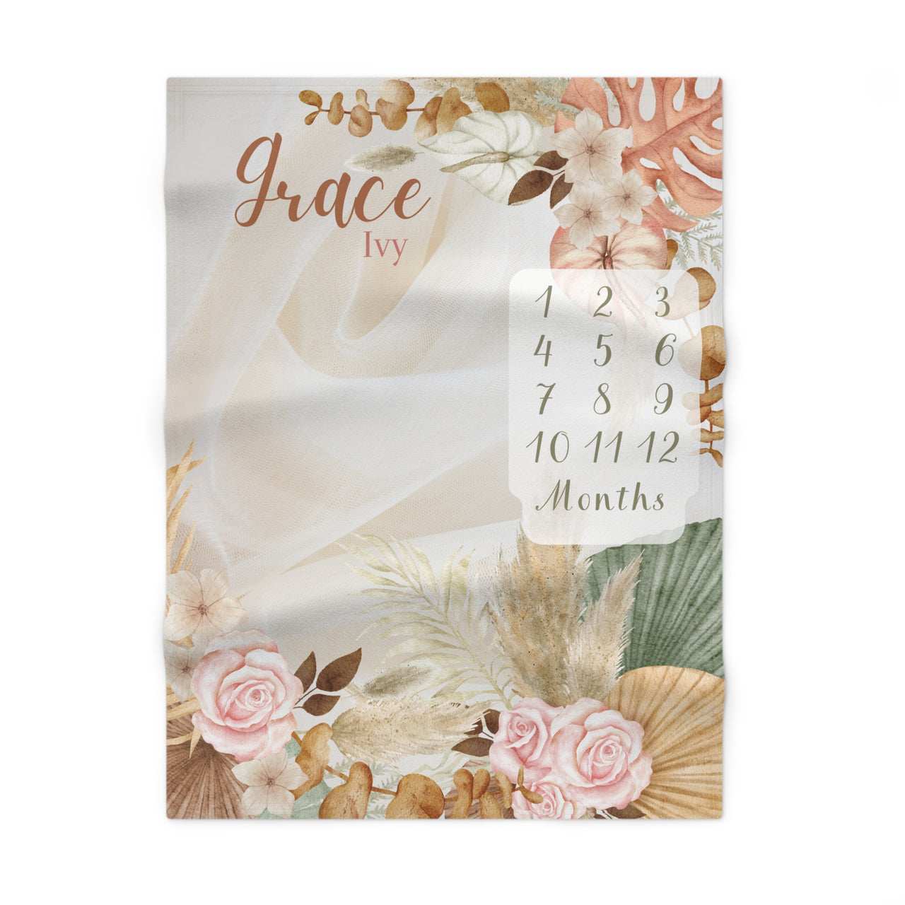 Neutral Lace Floral Boho Themed Soft Fleece Milestone Blanket, Boys Monthly Growth Tracker, Personalized Baby Blanket, Baby Shower Gift