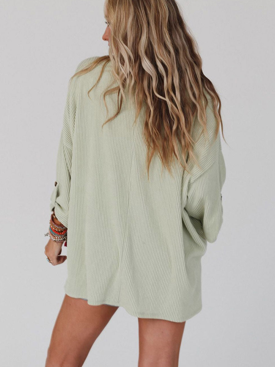 Solid Color Sweater Loose Casual Pocket Curling Threaded Long Sleeve Top