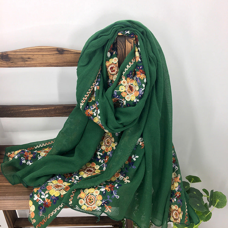 Embroidered Cotton And Linen Scarf Shawl