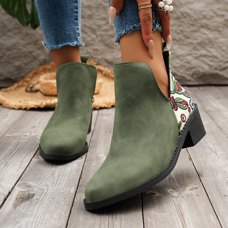 Flowers Printed Ankle Boots Fashion Side Zipper V-cut Square Heel Shoes For Autumn Winter