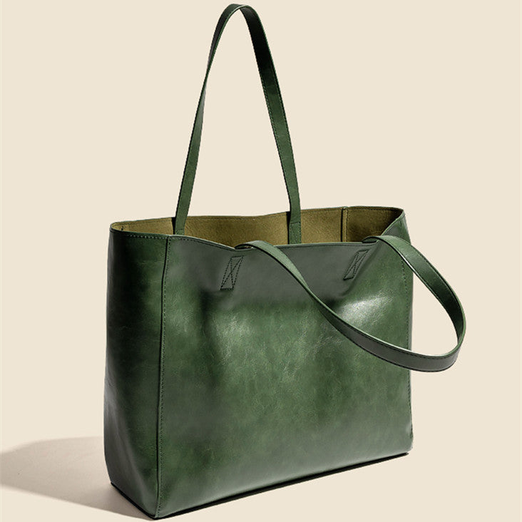 Dark Green Tote Oil Wax Soft Leather Women's Bag Retro Art