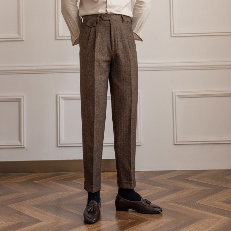 Herringbone Wool Suit Pants Men's High Waist Straight