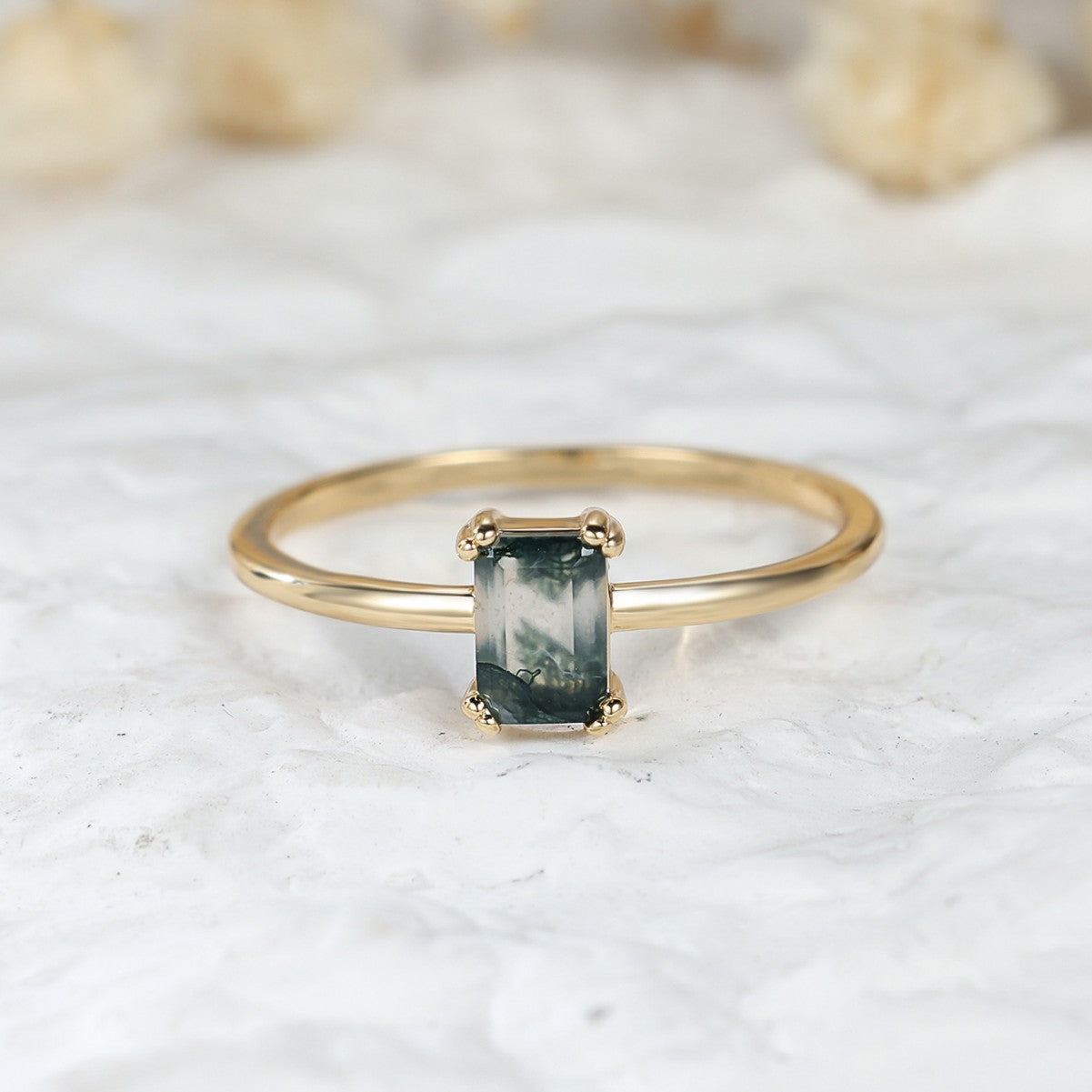 Fashion Retro Rectangular Water Plants Moss Agate Ring