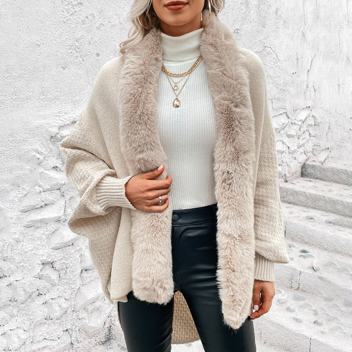 Women's Autumn And Winter Knitwear Fur Lined Cardigan Coat