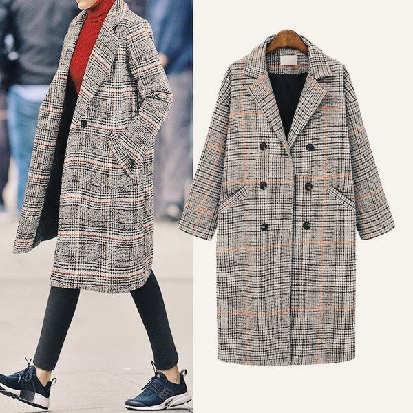 All-Match Double Breasted Plaid Mid-Length Woolen Coat