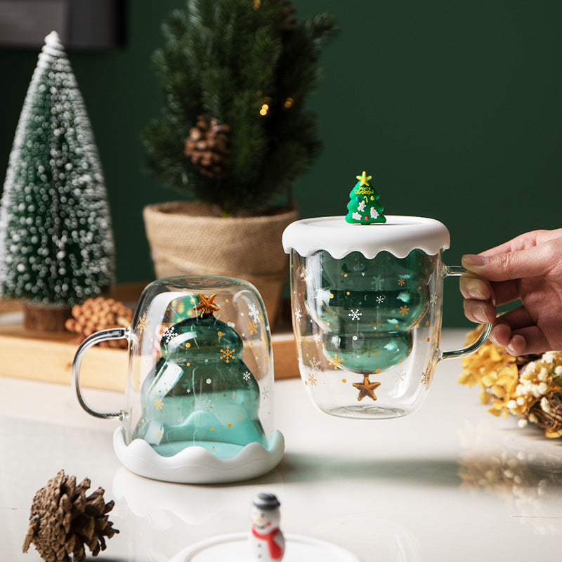 Double Heat Resistant Glass Coffee Cup Christmas Tree With Handle And Lid Milk