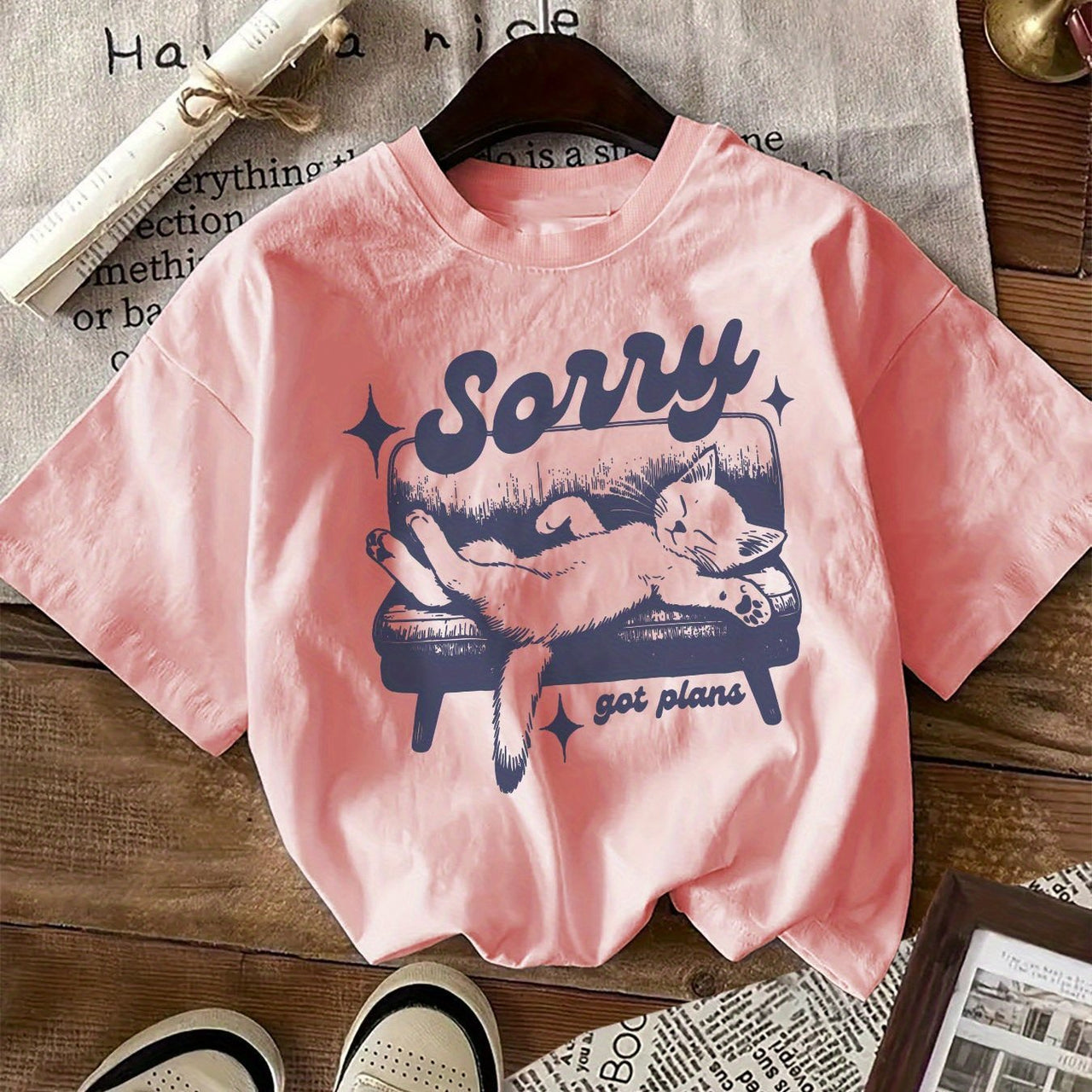 Sorry Cat Print Cotton T-shirt For Women