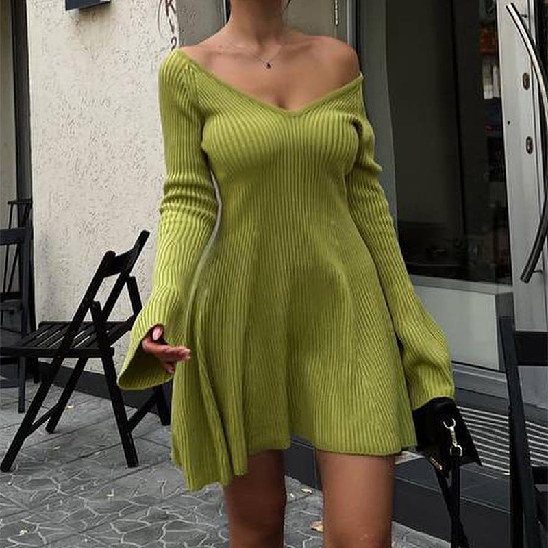 V-Neck Long Sleeve Knitted Dress Y2K