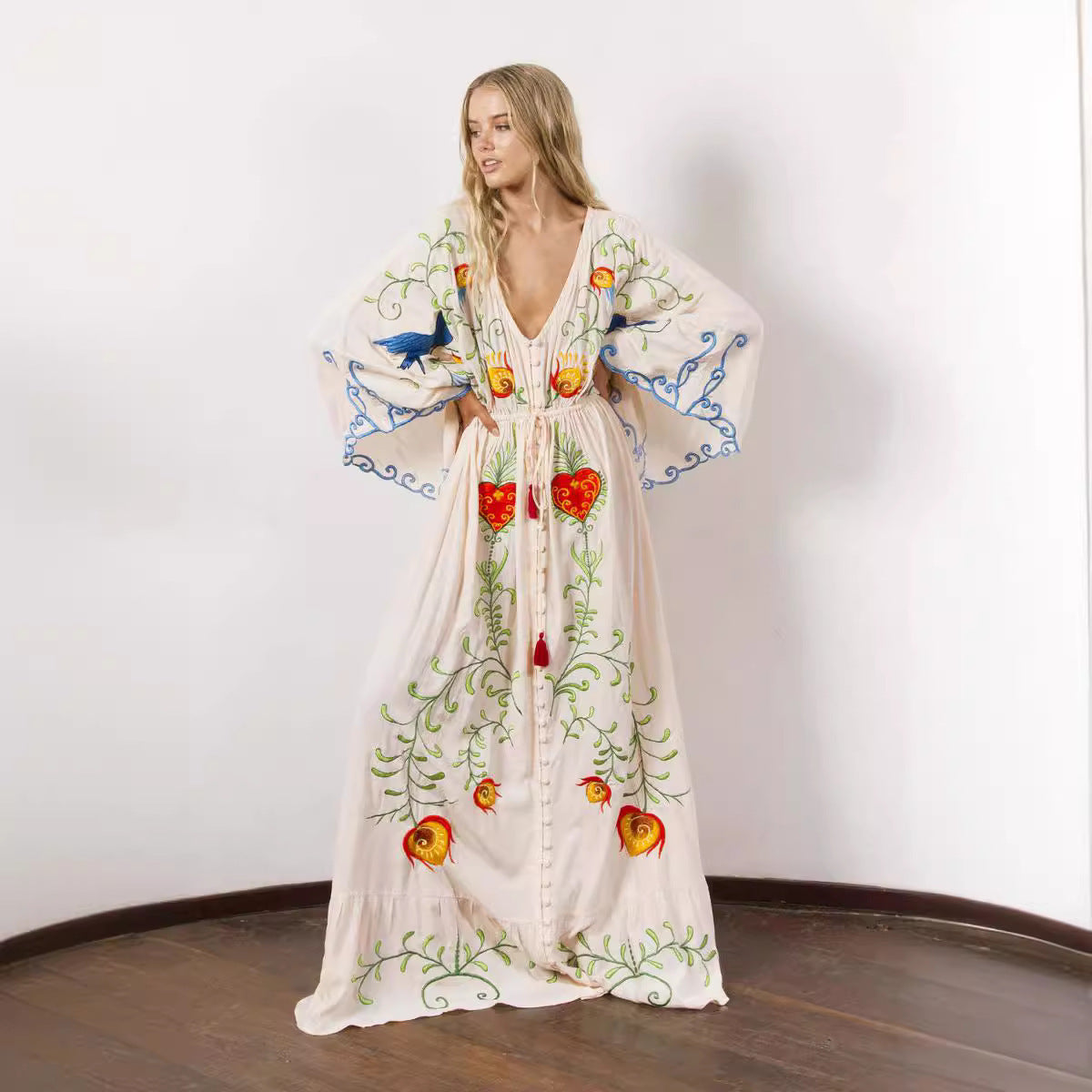 Bohemian Flower Embroidered Hollow Tassel Decorative Vintage Maxi Dress