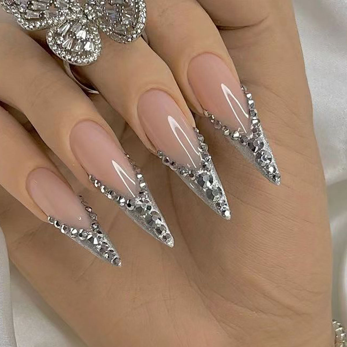 Bride French Diamond Fragments Fake Nail Sticker Long