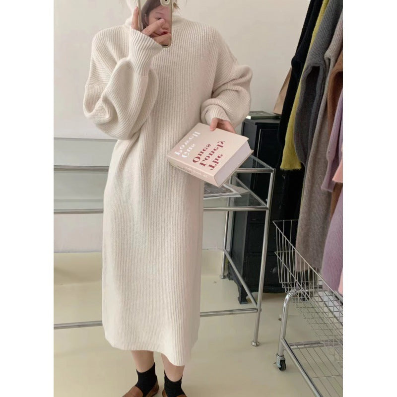 High Collar Solid Color Over-the-knee Knitted Dress