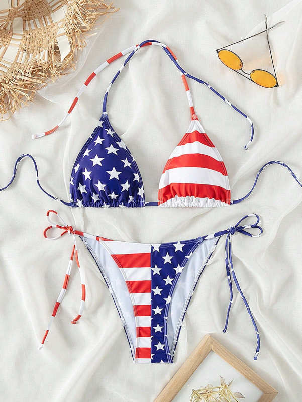 Lace-up Swimsuit for Women Independence Day American Flag Print Beach Bikini