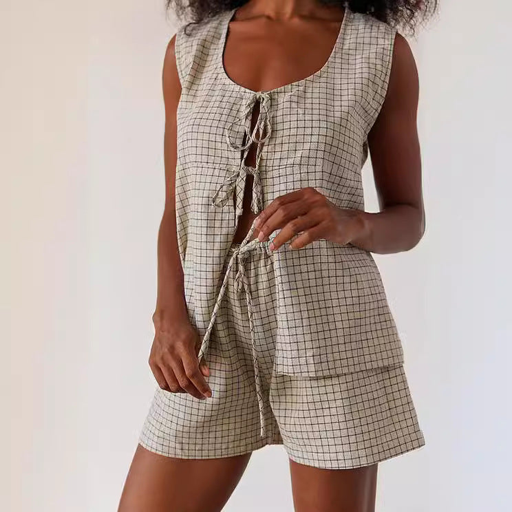 Women's Fashion Gingham Tie Top and Shorts Set