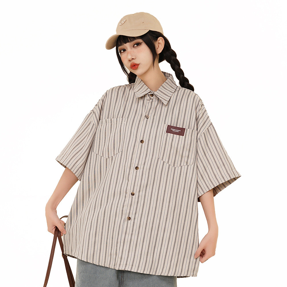 Vintage Style Vertical Striped Casual Short-sleeved Shirt
