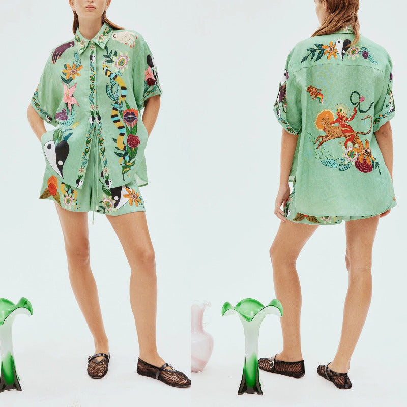 Women's Casual Cotton And Linen Printed Shirt And Shorts Two-piece Set