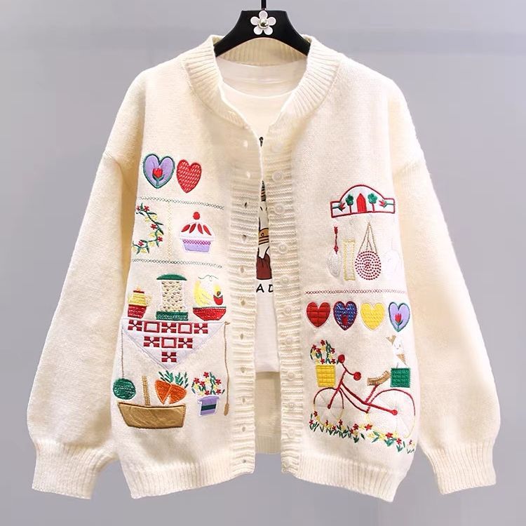 Cartoon Vintage Embroidered Sweater Coat Women's Autumn And Winter Knitting Cardigan