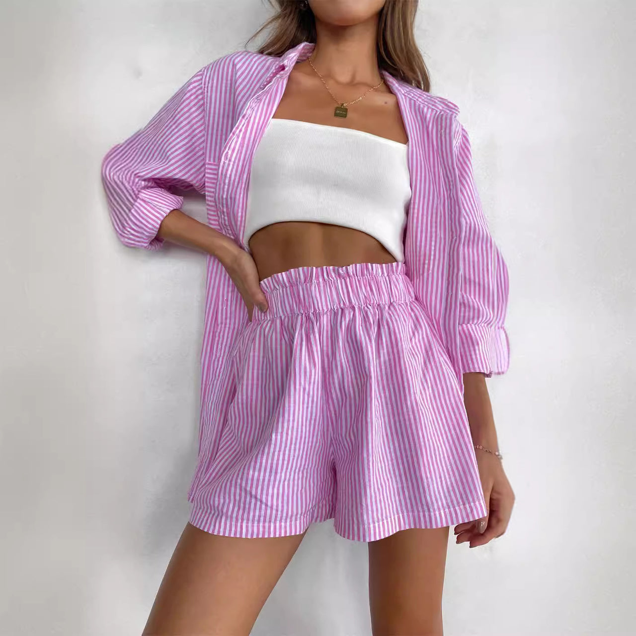 Women's Casual Long-sleeved Shirt And Shorts Two-piece Set