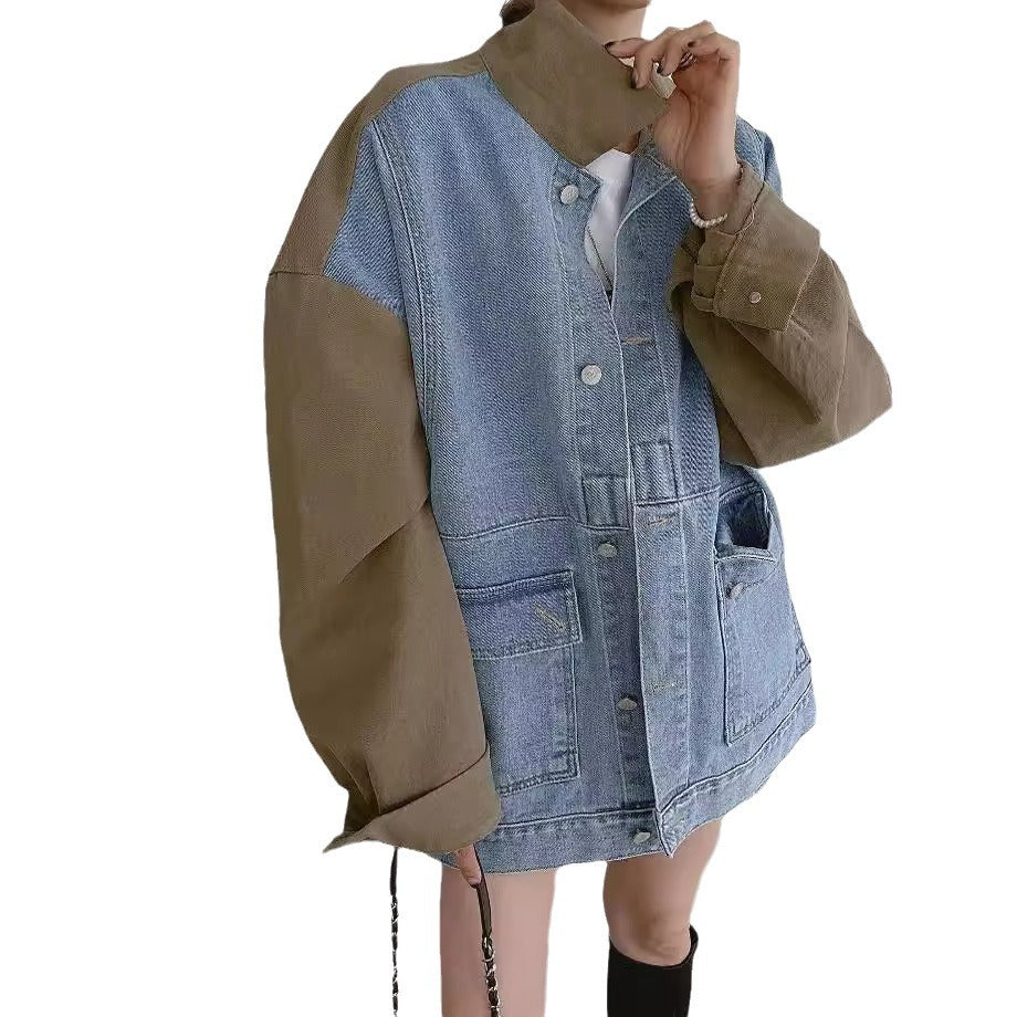 All-matching Fashion Color Contrast Stitching Denim Baggy Coat Women