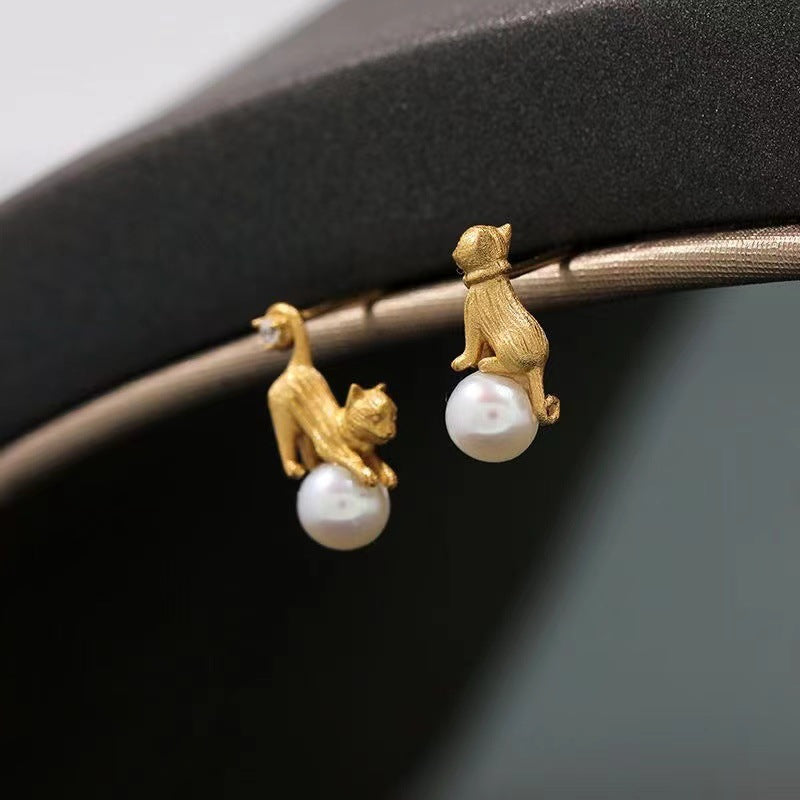 Cute Cat Ear Studs Fun And Cute Asymmetric Pearl Earrings