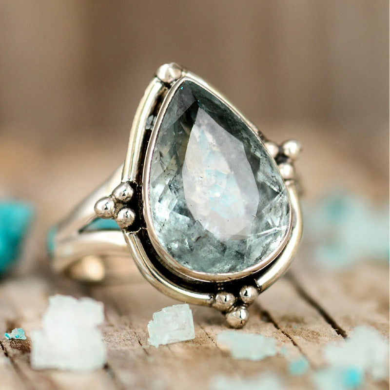 Water Drop Aquamarine Ring Popular Simplicity Classical Pear-shaped Palace Style