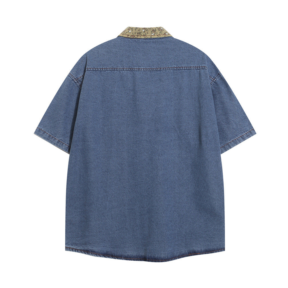 Small Floral Color Matching Pocket Lapels Short Sleeve Shirt