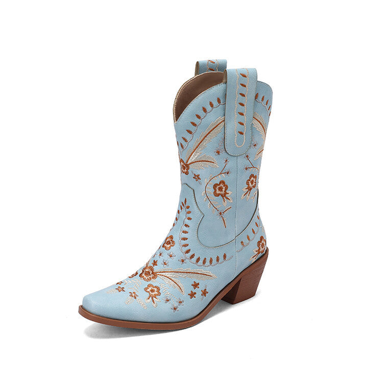 Western Embroidered Denim Retro Square Head High Leg Boot Thick