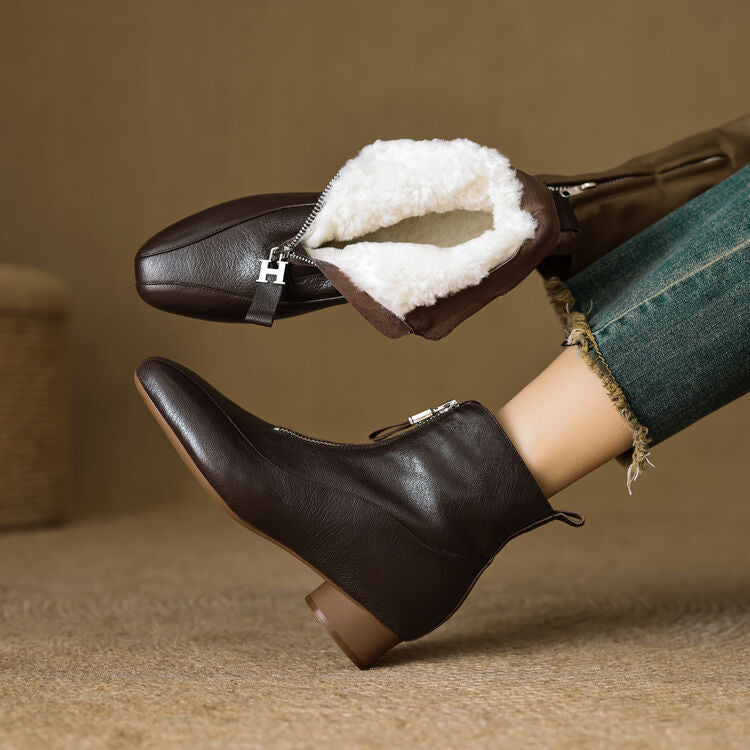 Full-grain Sheepskin Thick Heel Front Zip Ankle Boots