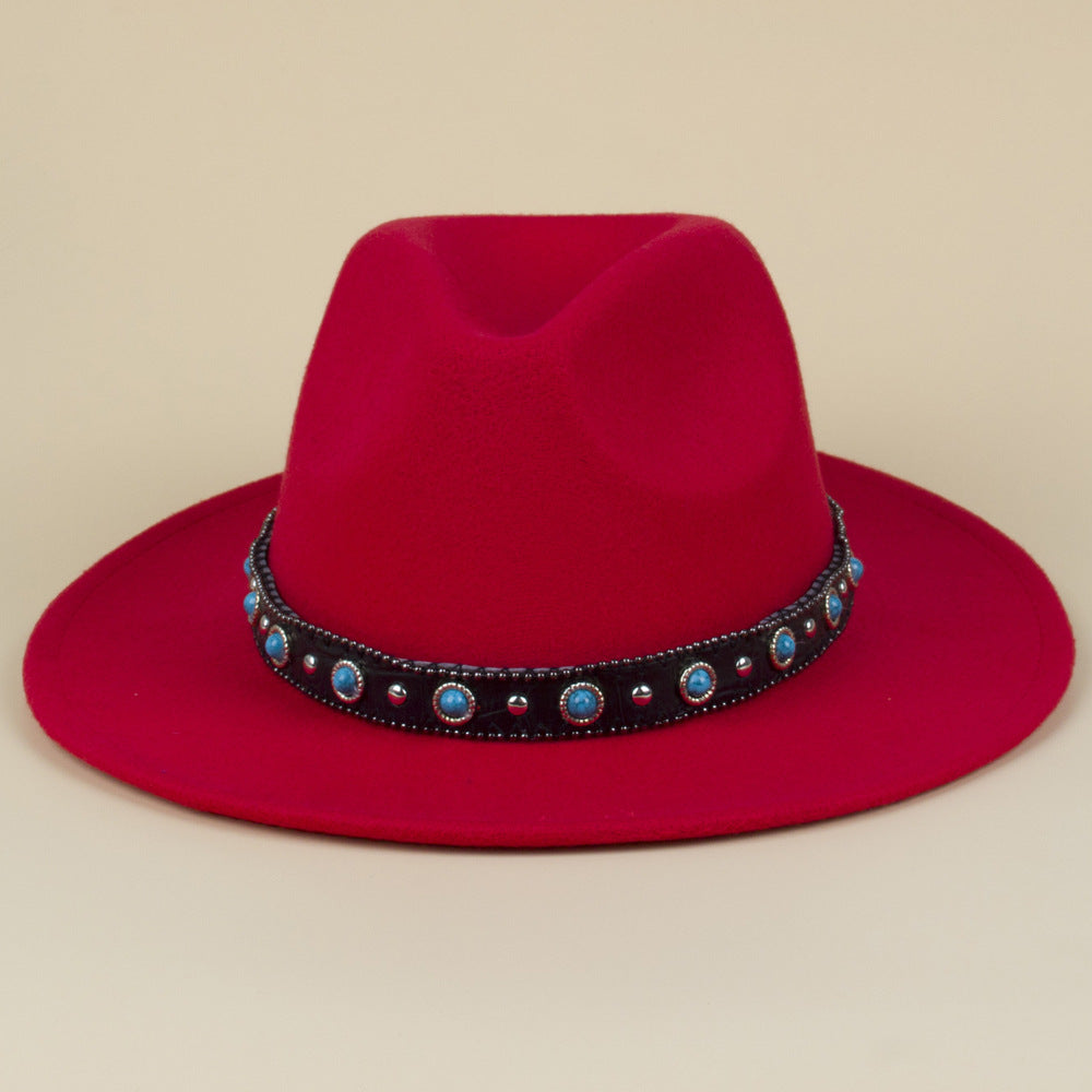 Bohemian Style Woven Leather Belt Denim Fur Felt Hat